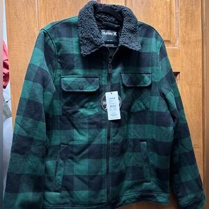 Hurley Men's Green and Black Plaid Jacket. Medium.  NWT